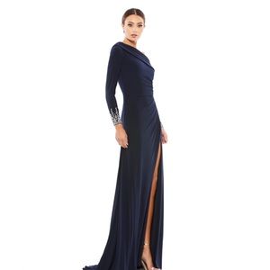Mac Duggal Beaded Cuff Drop Shoulder Wrap Style Gown Dress‎ 12231 - Navy